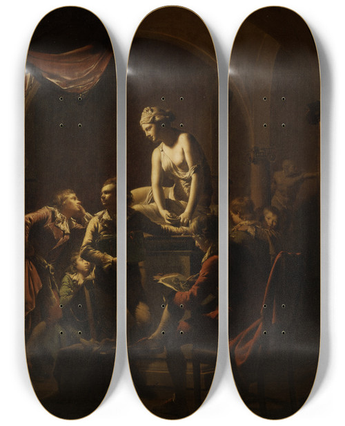 Triptych art skateboard deck of Joseph Wright Of Derby Academy By Lamplight by Joseph Wright Of Derby (1734-1797)