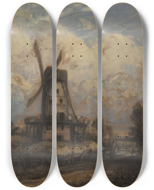Triptych art skateboard deck of Constant Troyon A Windmill Against A Cloudy Sky by Constant Troyon (1810-1865)