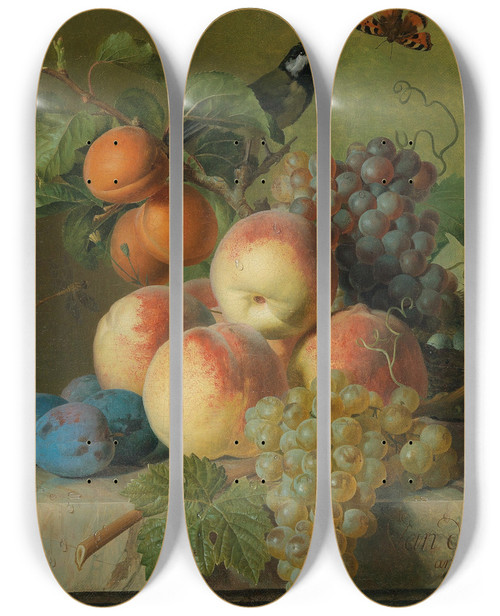 Triptych art skateboard deck of Jan Frans Van Dael Still Life Of Peaches Grapes And Plums On A Stone Ledge With A Bird And A Butterfly by Jan Frans Van Dael (1764-1840)