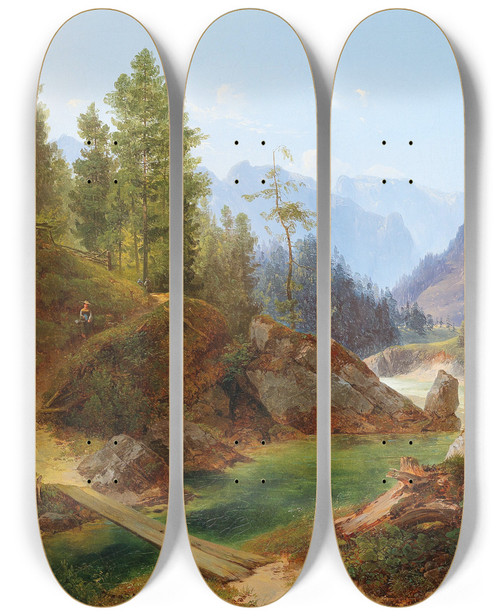 Triptych art skateboard deck of Anton Hansch A View Of The High Alps Near Weichselboden In Styria by Anton Hansch (1813-1876)