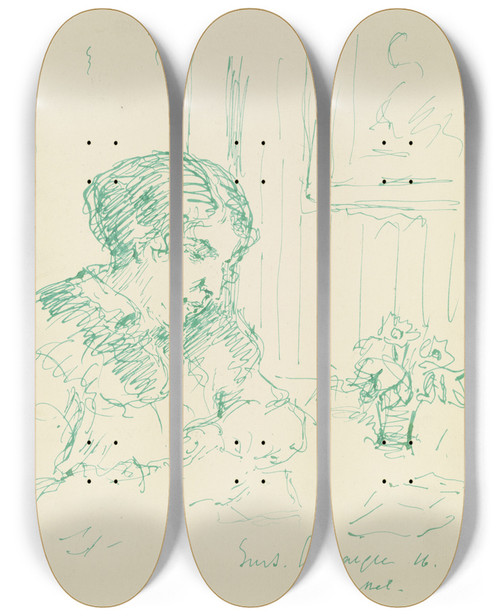 Triptych art skateboard deck of Gustav Schraegle Writing Lady by Gustav Schraegle (1867-1925)