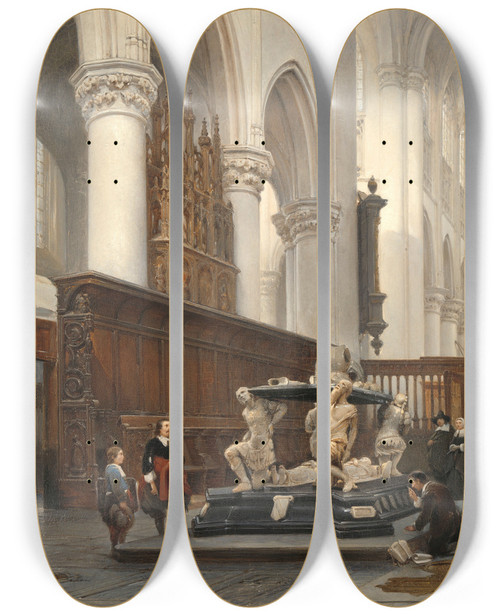 Triptych art skateboard deck of Johannes Bosboom The Choir Of The Olvrouwekerk In Breda With The Tomb Of Engelbert Ii Of Nassau by Johannes Bosboom (1817-1891)