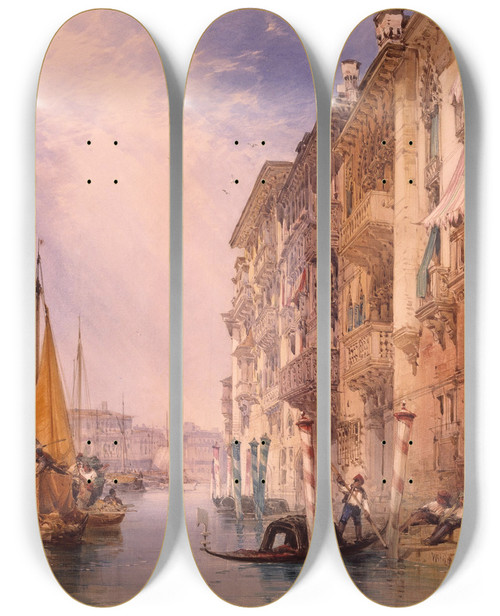 Triptych art skateboard deck of William Callow A Gondola On The Grand Canal Venice_2 by William Callow (1812-1908)
