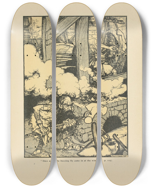 Triptych art skateboard deck of Arthur Rackham Once Again The Buzzing Fly Came In At The Window by Arthur Rackham (1867-1939)