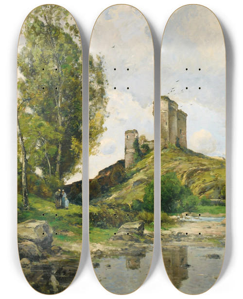 Triptych art skateboard deck of Paul Lecomte Vue De Hrisson Avec Deux Paysannes Et Un Enfant by Paul Lecomte (1842-1920)