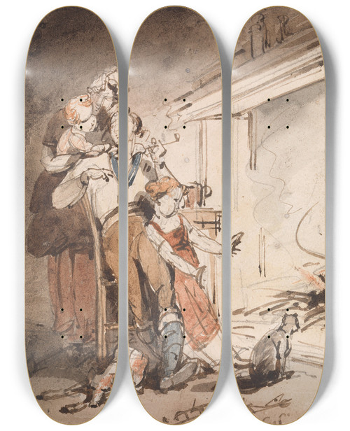 Triptych art skateboard deck of George Chinnery A Sailor And His Family by George Chinnery (1774-1852)