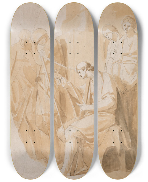 Triptych art skateboard deck of George Romney David Playing The Harp_1 by George Romney (1734-1802)