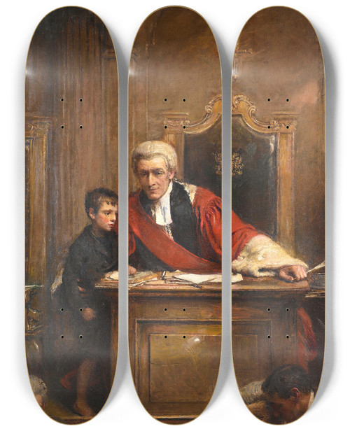 Triptych art skateboard deck of George William Joy Le Juge Et Lenfant Innocent Dmoin Dun Crime by George William Joy (1844-1925)