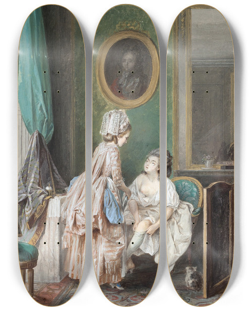 Triptych art skateboard deck of Niklas Lafrensen Lady Pulling On Her Stockings by Niklas Lafrensen (1737-1807)