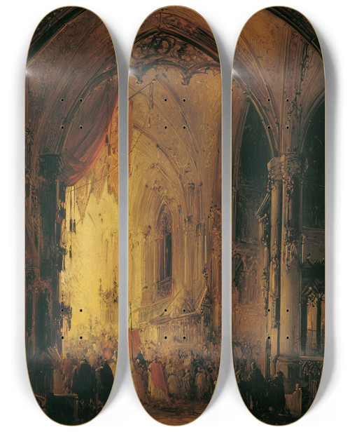 Triptych art skateboard deck of Georg Gillis Van Haanen Prozession In Einer Kathedrale by Georg Gillis Van Haanen (1807-1879)