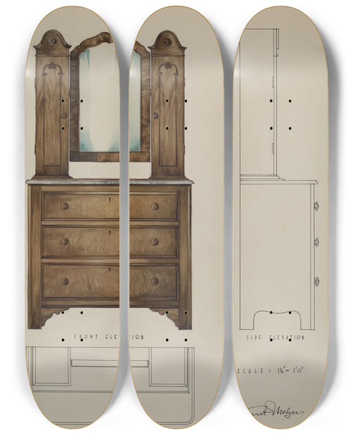 Triptych art skateboard deck of Kurt Melzer Brides Bureau by Kurt Melzer