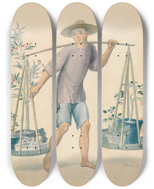 Triptych art skateboard deck of Thomas Stothard Chinese Flower Seller by Thomas Stothard (1755-1834)