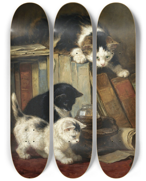 Triptych art skateboard deck of Henritte Ronnerknip Watching The Prey_2 by Henritte Ronner-Knip (1821-1909)