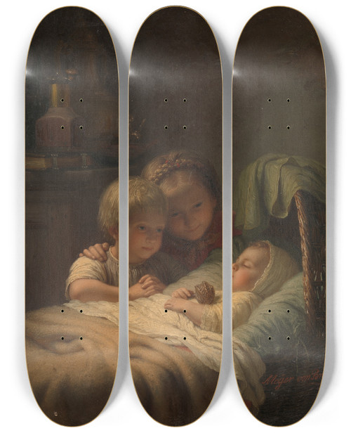 Triptych art skateboard deck of Johann Georg Meyer Von Bremen The Youngest Brother by Johann Georg Meyer Von Bremen (1813-1886)