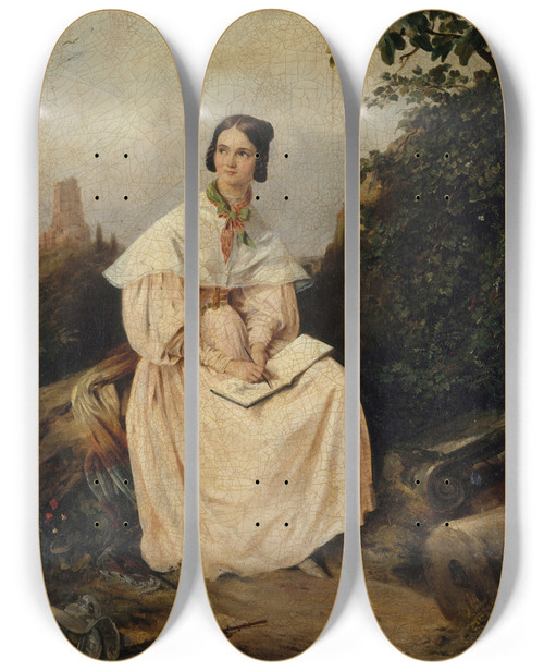 Triptych art skateboard deck of Alexandre Marie Colin Hlose Colin Dessinant Dans La Campagne Nmoise by Alexandre Marie Colin (1798-1875)