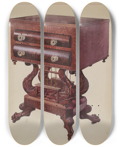 Triptych art skateboard deck of J Howard Iams Table Double Lyre Base by J Howard Iams (20-)