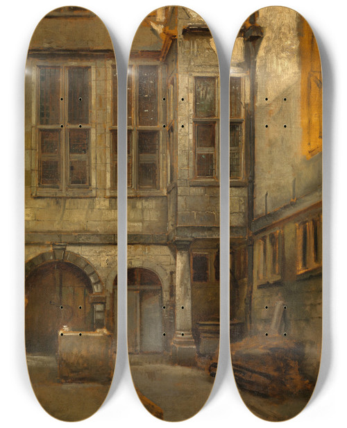 Triptych art skateboard deck of Jan August Hendrik Leys Courtyard Of Antwerp Town Hall by Jan August Hendrik Leys (1815-1869)