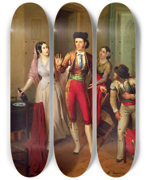 Triptych art skateboard deck of Angel Mara Cortellini Hernndez Francisco Montes Paquiro Before A Bullfight The Bullfighters Farewell by Angel Maria Cortellini Hernandez (1819-1887)