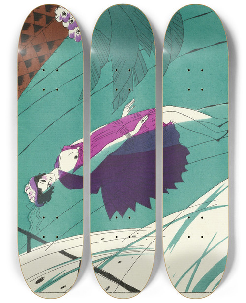 Triptych art skateboard deck of Charles Martin La Morte Damour Modes Et Manires De Torquate by Charles Martin (1884-1934)