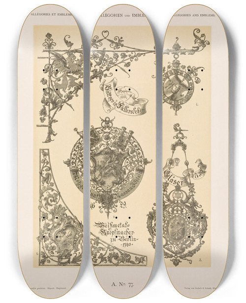 Triptych art skateboard deck of Albert Ilg Allegorien Und Embleme Vol Ii Pl087 by Albert Ilg (1847-1896)