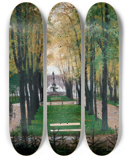 Triptych art skateboard deck of Hugo Birger View From The Windows Of The Frstenberg Gallery by Hugo Birger (1854-1887)