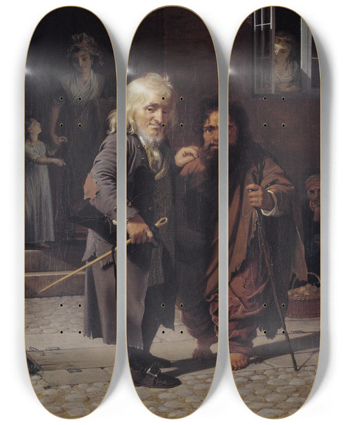 Triptych art skateboard deck of Jens Juel Two Dwarfs Obligeert A Jewish Pigtailribbon Vendor Beside The Roman Dwarf Bajocco In One Of The Streets Of Copenhagen by Jens Juel (1745-1802)