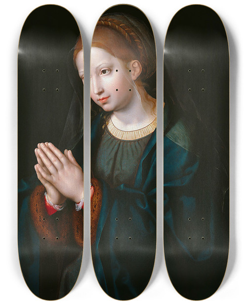 Triptych art skateboard deck of Joos Van Cleve The Virgin In Prayer by Joos Van Cleve (1485-1541)