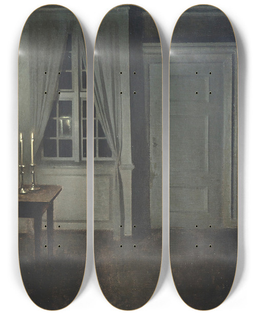 Triptych art skateboard deck of Vilhelm Hammershi Interior With Two Candles by Vilhelm Hammershoi (1864-1916)