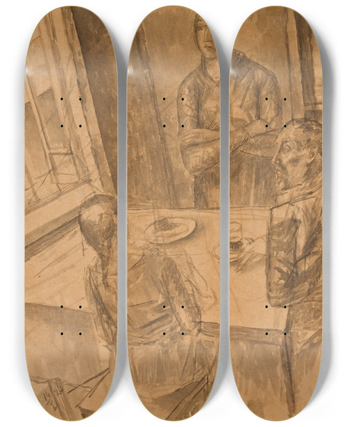 Triptych art skateboard deck of Kuzma Petrovvodkin The Artists Family by Kuzma Petrov Vodkin (1878-1939)