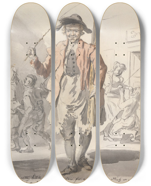 Triptych art skateboard deck of Paul Sandby My Pretty Little Ginny Tarters For A Hapenny A Stick Or A Penny A Stick by Paul Sandby (1731-1809)