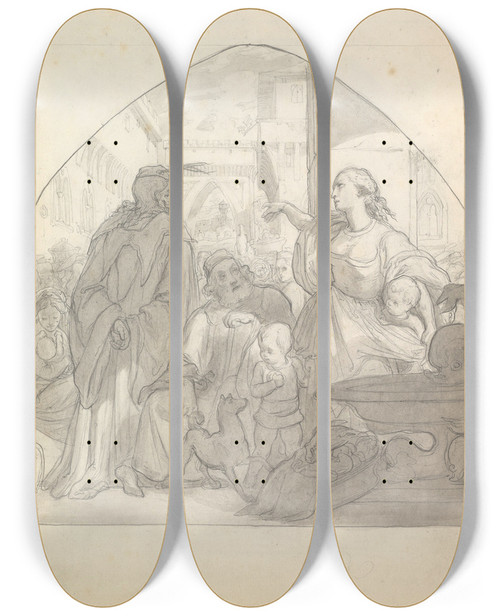 Triptych art skateboard deck of Frederic Leighton Scene In An Italian City With Figures Near A Fountain by Frederic Leighton (1830-1896)