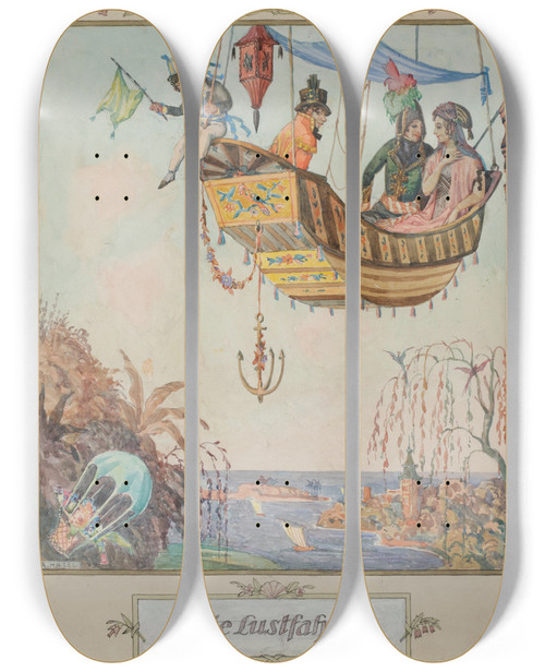 Triptych art skateboard deck of Alfred Hagel Die Lustfahrt by Alfred Hagel (1885-1945)