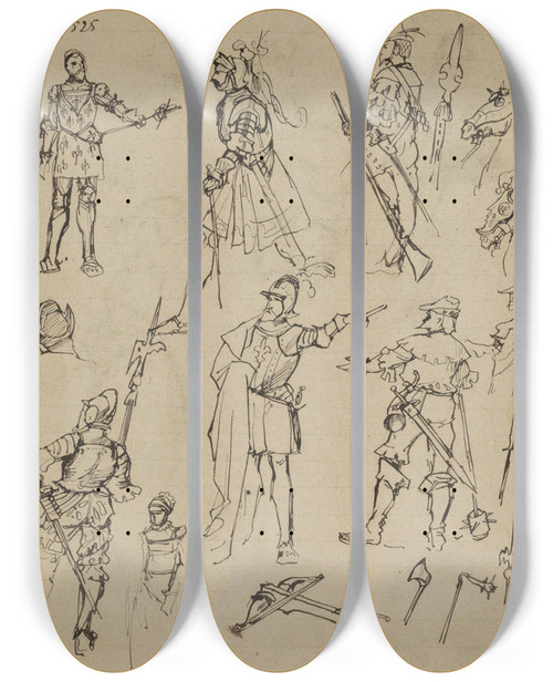 Triptych art skateboard deck of Marius Bauer Figuren In Kostuums Uit 1525 Waaronder Koning Frans I Van Frankrijk by Marius Bauer (1867-1932)
