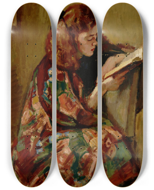 Triptych art skateboard deck of Magnus Enckell Girl Reading by Magnus Enckell (1870-1925)