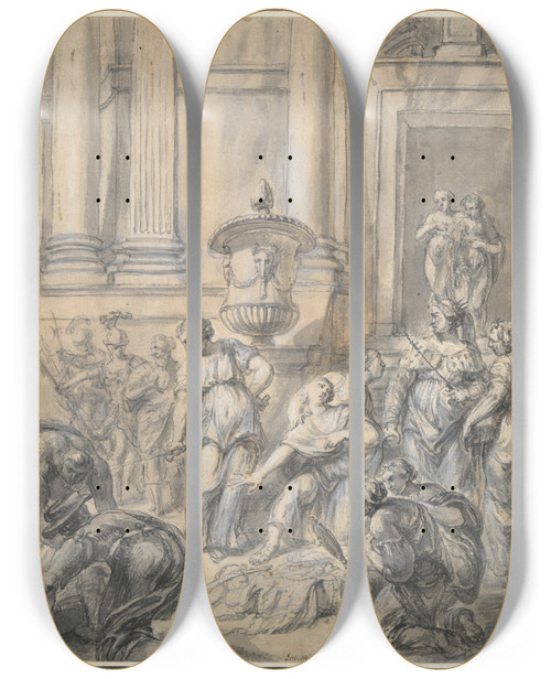 Triptych art skateboard deck of Jacob Denys Odysseus Discovering Achilles At The Court Oflycomedes by Jacob Denys (1644-1708)
