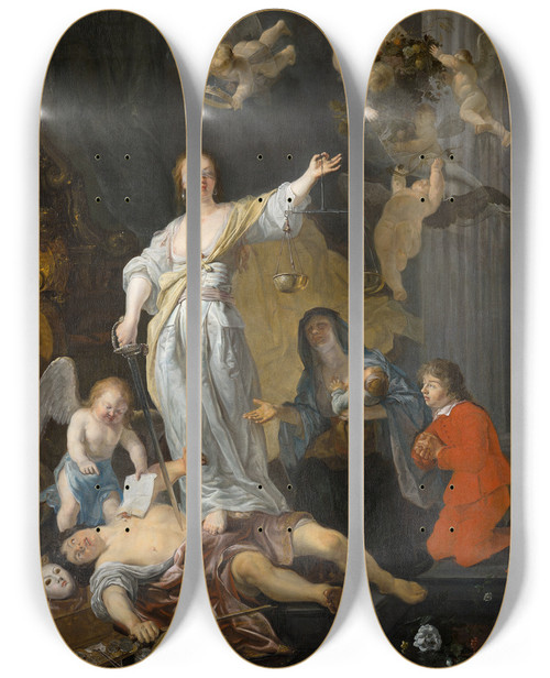 Triptych art skateboard deck of Gabriel Metsu The Triumph Of Justice by Gabriel Metsu (1629-1667)