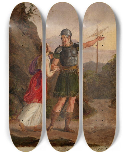 Triptych art skateboard deck of Adolph Tidemand Sketch For The Departure Of Fridtjof by Adolph Tidemand (1814-1876)