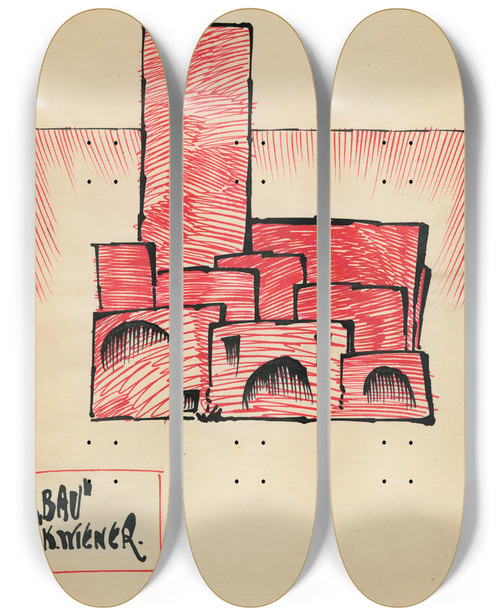 Triptych art skateboard deck of Karl Wiener Bau by Karl Wiener (1901-1949)