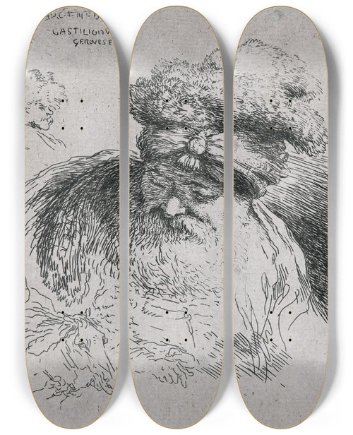 Triptych art skateboard deck of Giovanni Benedetto Castiglione Old Bearded Man With A Turban by Giovanni Benedetto Castiglione (1609-1664)