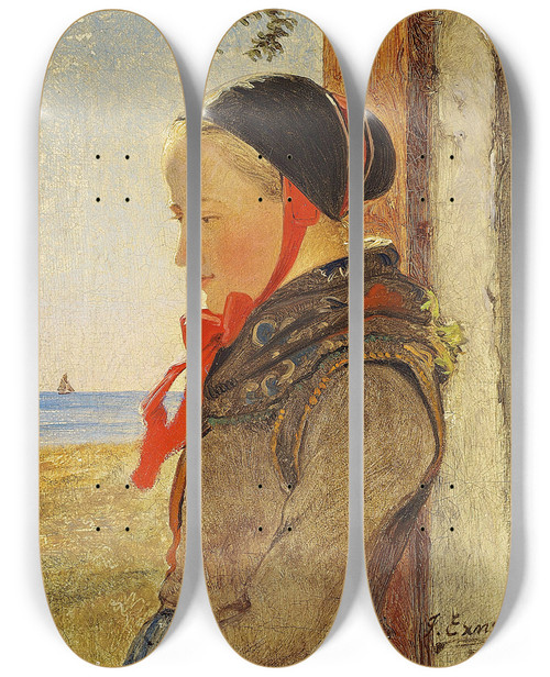 Triptych art skateboard deck of Julius Exner Fanpige I En Drbning En Solskinsdag by Julius Exner (1825-1910)