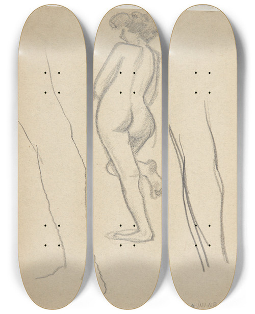 Triptych art skateboard deck of Harald Giersing Rygstudie Af Samme Model Samt To Studier Af Ben by Harald Giersing (1881-1927)