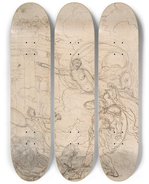 Triptych art skateboard deck of Francesco Albani Goddess Inciting A Warrior by Francesco Albani (1578-1660)