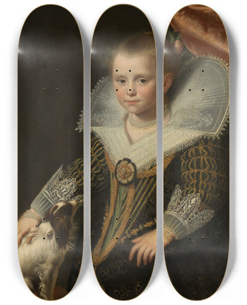 Triptych art skateboard deck of Paulus Moreelse Portrait Of A Girl Known As The Little Princess by Paulus Moreelse (1571-1638)