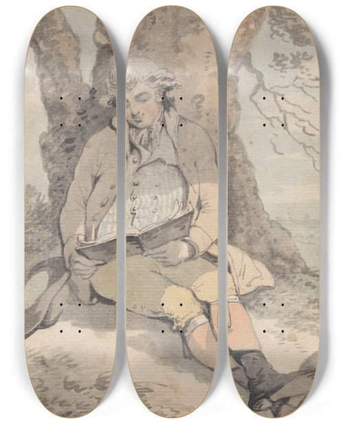 Triptych art skateboard deck of Samuel Alken P Wilkinson Esq Sitting Under The Shade Of An Oak Learning To Whistle by Samuel Alken (1756-1815)