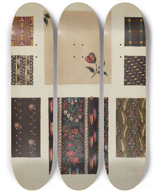 Triptych art skateboard deck of Frances Lichten Materials From Patchwork Bedspread_6 by Frances Lichten (1889-1961)