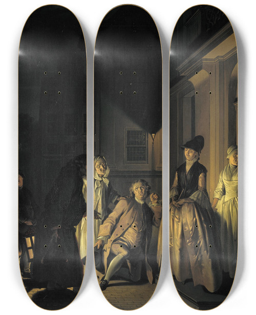 Triptych art skateboard deck of Jacobus Buys Scene From The Play Lubbert Lubbertse Of De Geadelde Boer By M Van Breda by Jacobus Buys (1724-1801)