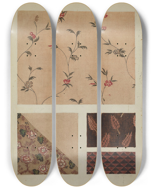 Triptych art skateboard deck of Frances Lichten Materials From Patchwork Bedspread_5 by Frances Lichten (1889-1961)