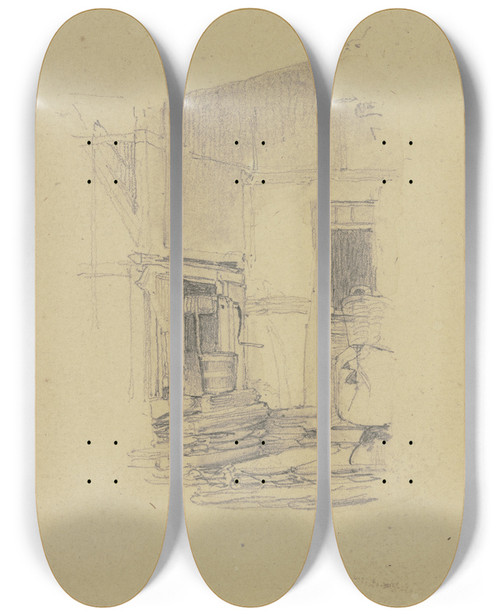 Triptych art skateboard deck of Jakob Becker Group Of Figures In The Open by Jakob Becker (1810-1872)