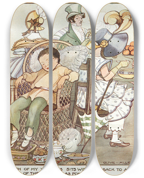 Triptych art skateboard deck of Olive Allen Each Of My Visitors Sits With His Back To As Many Of The Company As Possible by Olive Allen (1879-1957)