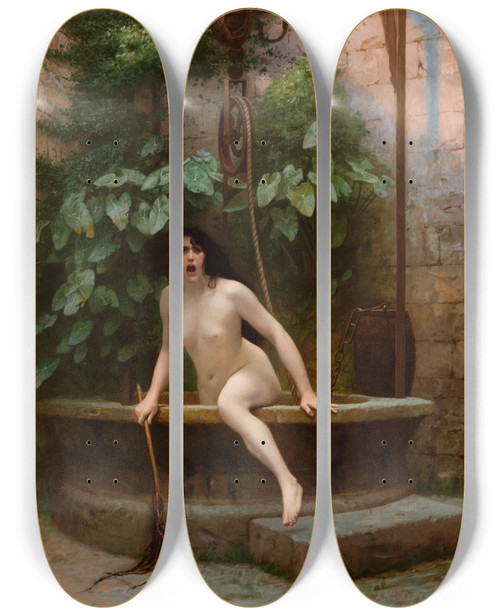 Triptych art skateboard deck of Jeanlon Grme Truth Coming Out Of Her Well To Shame Mankind by Jean-Lon Grme (1824-1904)